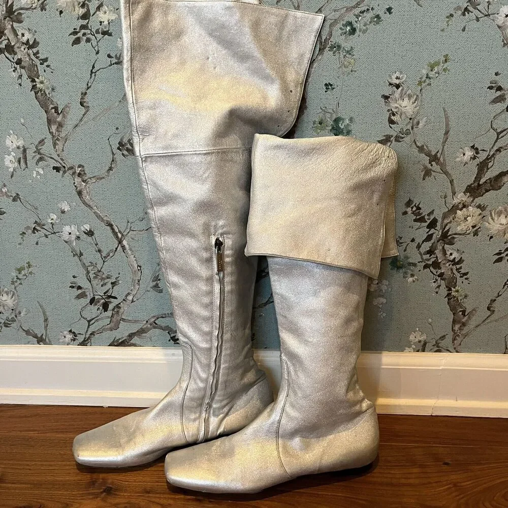 John Richmond Over The Knee Silver Leather Boots Size 38 EU / 7.5 US